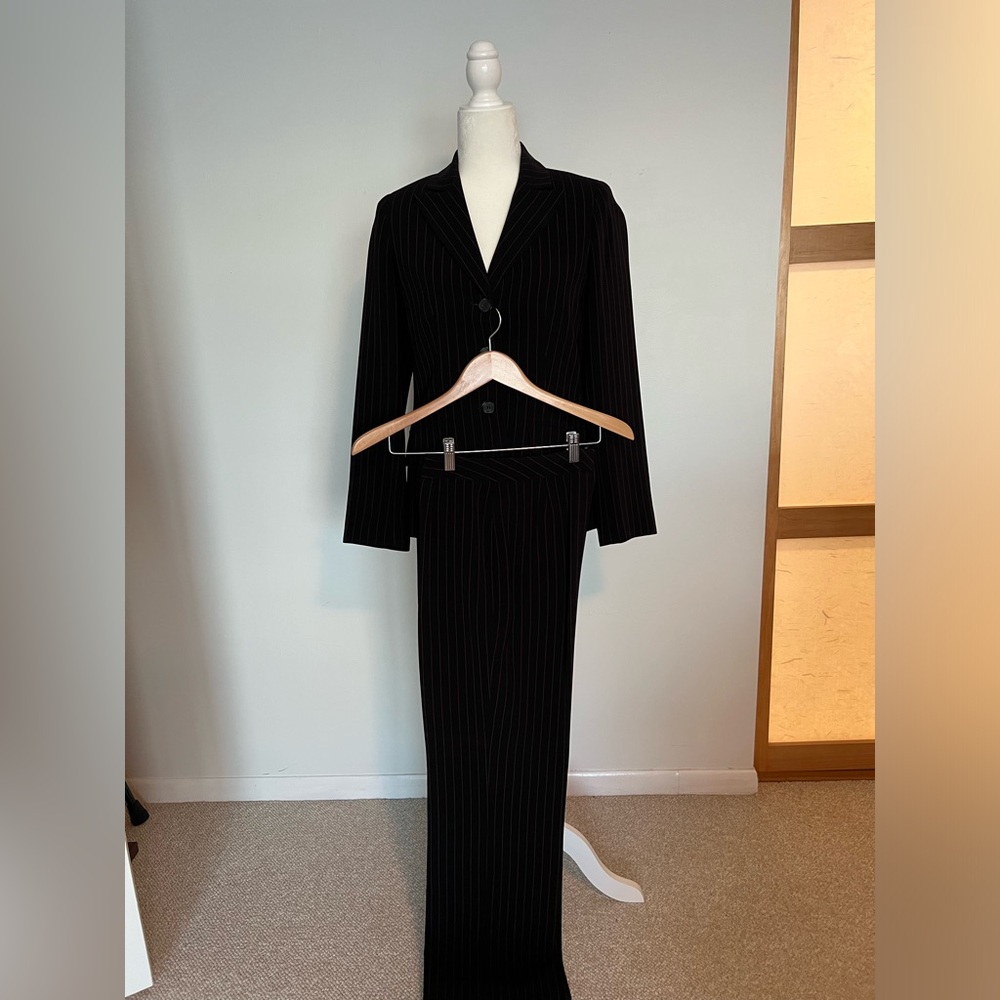 Kasper black pinstripe suit with plum stripes